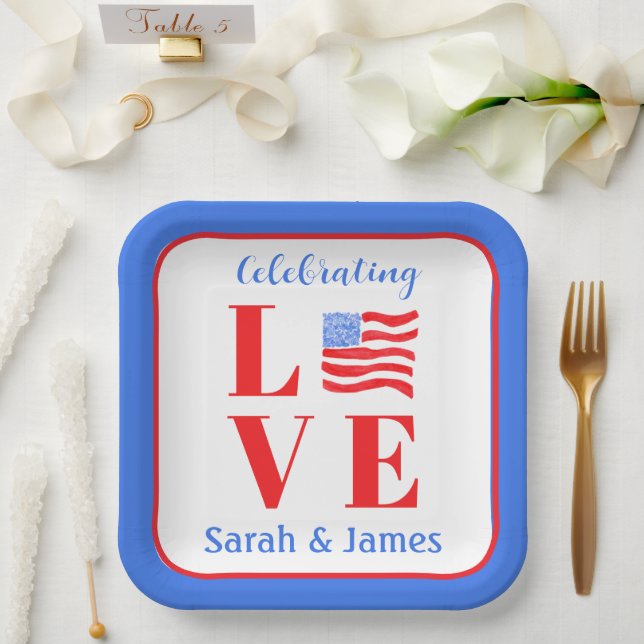 LOVE Watercolor American Flag NAME Bridal  Paper Plate (Wedding)