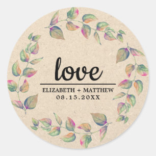 Love. Watercolor Branches Wedding Kraft Paper Classic Round Sticker