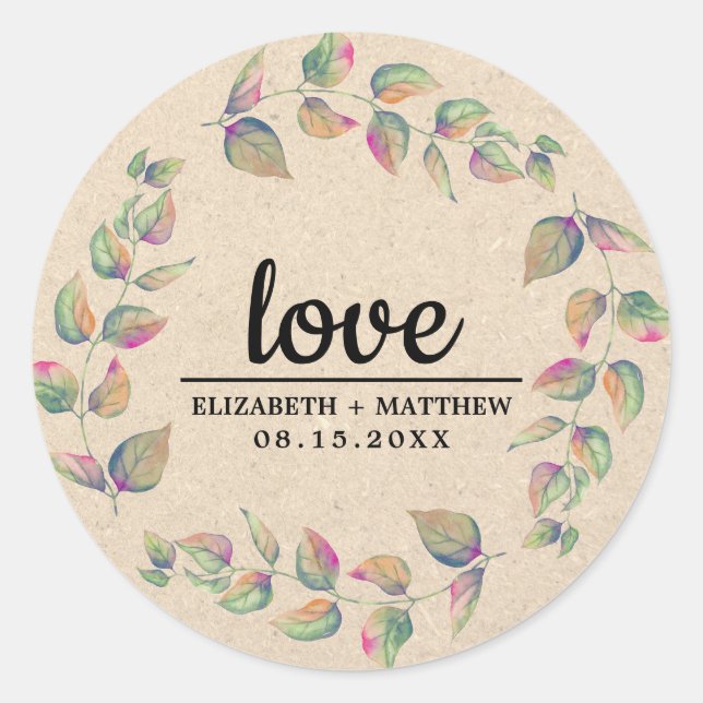Love. Watercolor Branches Wedding Kraft Paper Classic Round Sticker (Front)