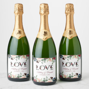 Love Watercolor Burgundy Blue Floral Wedding Sparkling Wine Label