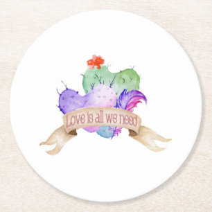 Love Watercolor Cacti Round Paper Coaster