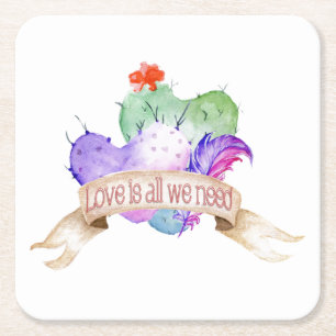 Love Watercolor Cacti Square Paper Coaster