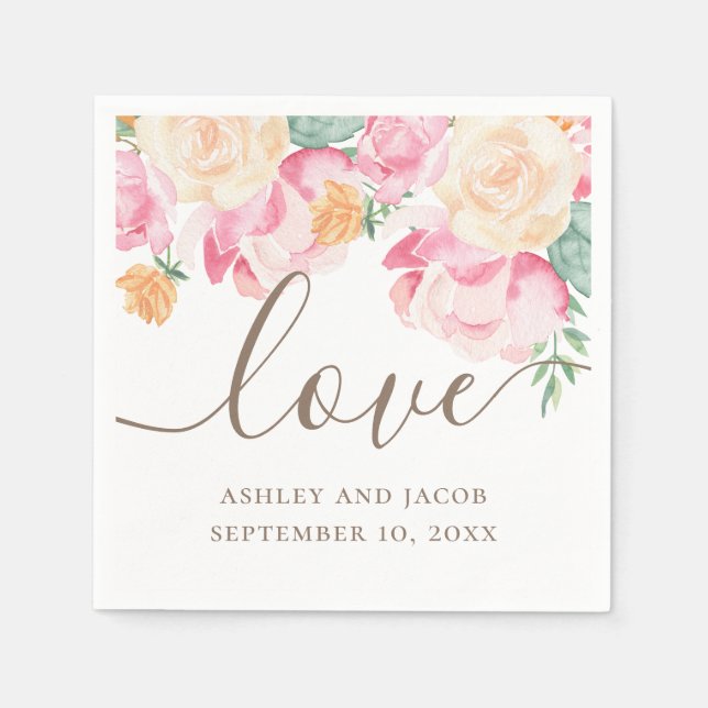 Love. Watercolor pink and peach floral wedding  Napkin (Front)