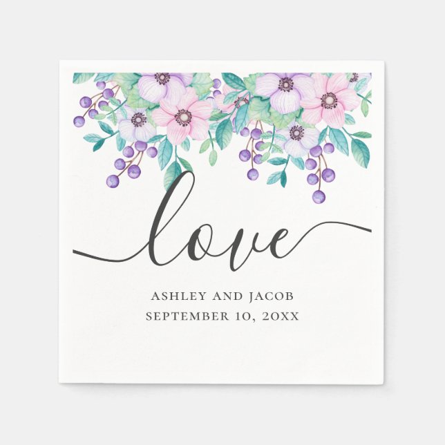 Love. Watercolor purple and pink floral wedding Napkin (Front)
