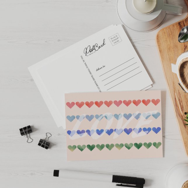 Love Watercolor Retro Hearts Say Hello Postcard (Creator Uploaded)