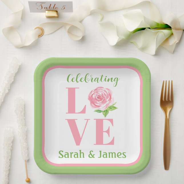 LOVE Watercolor Rose NAME Bridal Green Paper Plate (Wedding)