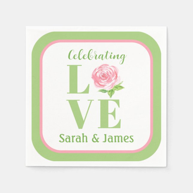 LOVE Watercolor Rose NAME Bridal Green Pink Napkin (Front)