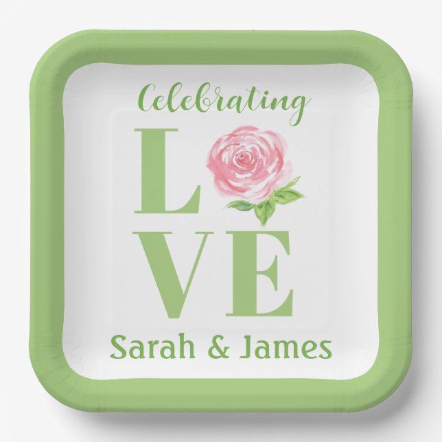 LOVE Watercolor Rose NAME Bridal  Paper Plate (Front)