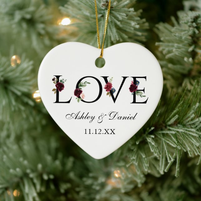 Love Wedding Names Date Burgundy Floral Ceramic Tree Decoration (Tree)