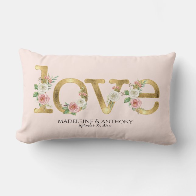 Love Wedding Personalised Names Watercolor Floral Lumbar Cushion (Front)
