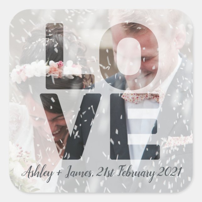 LOVE Wedding Theme Sheer Overlay Photo Square Sticker (Front)
