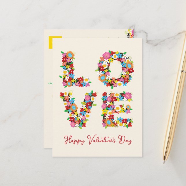 LOVE Whimsical Colourful Spring Flowers Thank You Postcard (Front/Back In Situ)