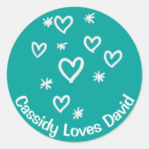 Love White Hearts Teal Blue Personalised Wedding Classic Round Sticker