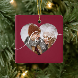 Love White Script Heart Photo Red Ceramic Ornament