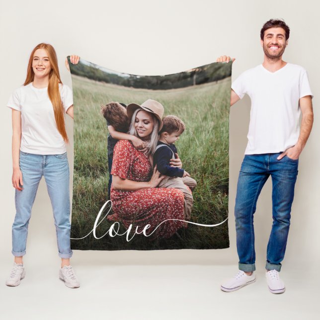 Love White Script Photo Overlay Fleece Blanket (In Situ)