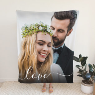 Love White Script Photo Overlay Wedding Fleece Blanket