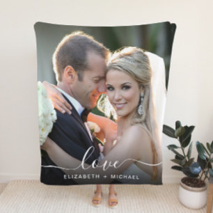 Love White Script Photo Overlay Wedding Fleece Blanket