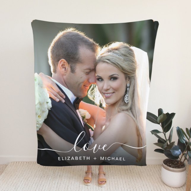 Love White Script Photo Overlay Wedding Fleece Blanket (Creator Uploaded)
