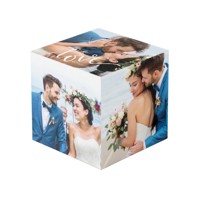 LOVE White Script Wedding Keepsake Cube (Front Angled)