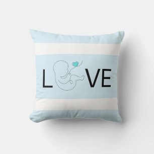 Love, white stripe, script baby with blue heart, cushion
