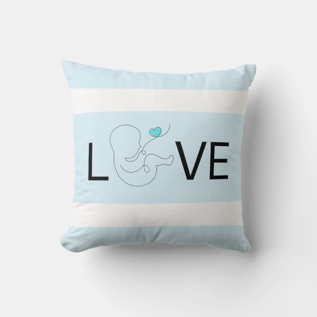 Love, white stripe, script baby with blue heart, cushion (Front)