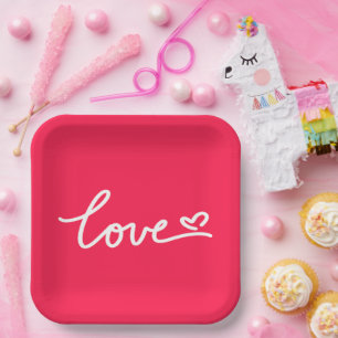 Love white text on pink  paper plate