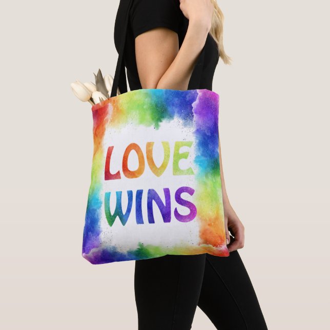 Love Wins Pride Rainbow Front and Back Decorated Tote Bag (Close Up)