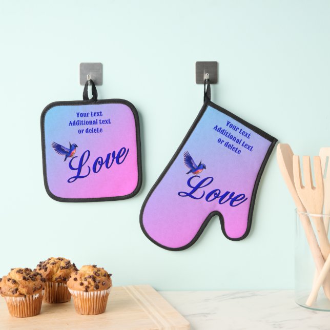 Love With A Bluebird Personalised Oven Mitt & Pot Holder Set (Insitu(Hanging))