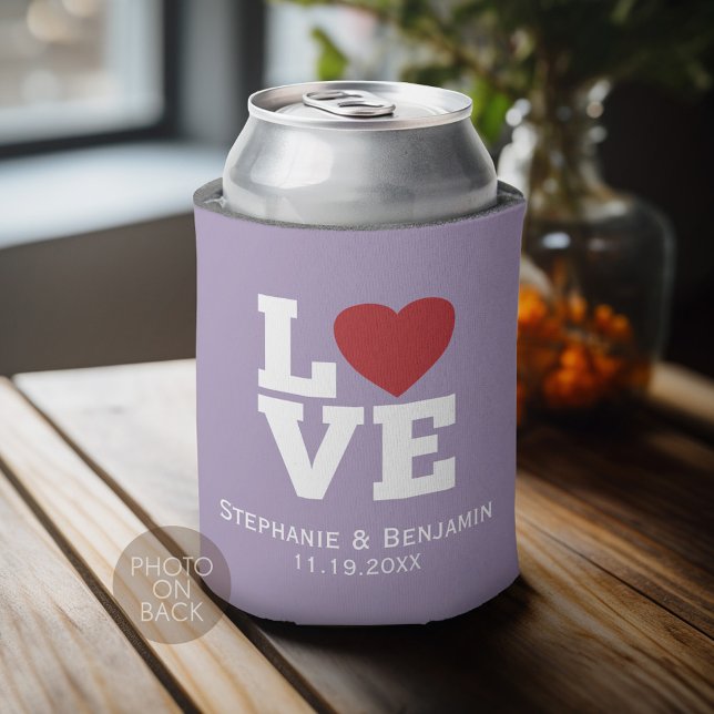 Love with a bright red heart Personalised Wedding Can Cooler (Personalized Can Cooler for wedding or anniversary party)