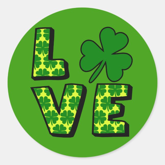 LOVE with Green Shamrocks and Yellow Classic Round Sticker (Front)