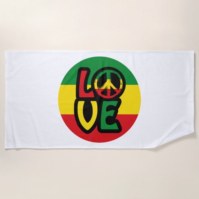 LOVE with peace symbol, reggae style Beach Towel (Front)