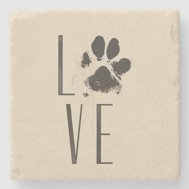 Love with Pet Paw Print Brown Grunge Typography Stone Coaster (Front)