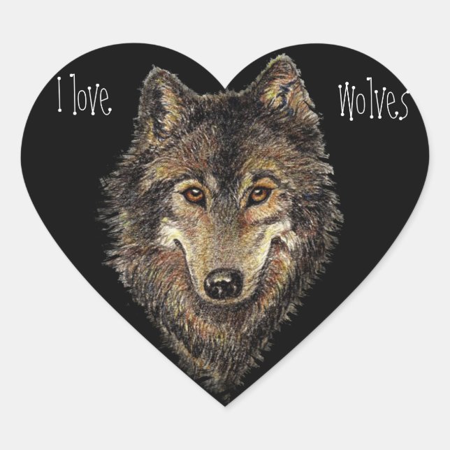 Love Wolves Quote  Watercolor Animal, Nature Heart Sticker (Front)