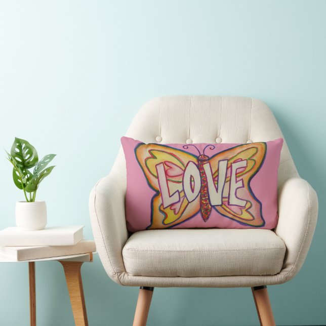 Love Word Art Pink Butterfly Accent Throw Pillow (Chair)