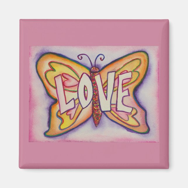 Love Word Art Pink Butterfly Custom Fridge Magnet (Front)