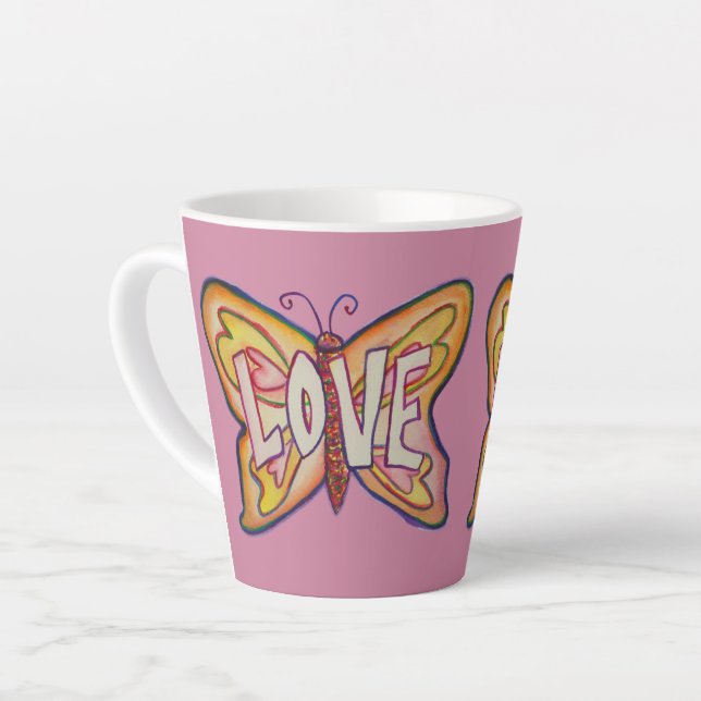 Love Word Art Pink Butterfly Wing Cup Latte Mug (Left Angle)