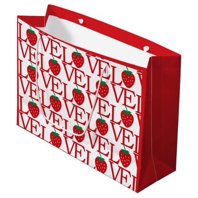 Love Word Art Strawberry Pattern Red Valentine's Large Gift Bag (Front Angled)
