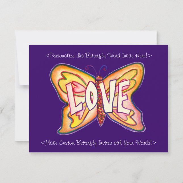 Love Word Pink Butterfly Custom Art Invitations (Front)