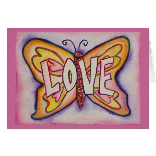 Love Word Pink Butterfly Greeting or Note Cards (Front Horizontal)