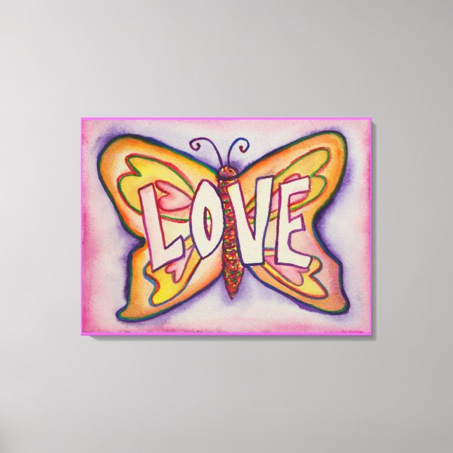 Love Word Pink Butterfly Painting Canvas Artwork (Front)