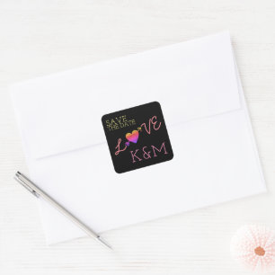 Love word with heart & an arrow, black save date square sticker