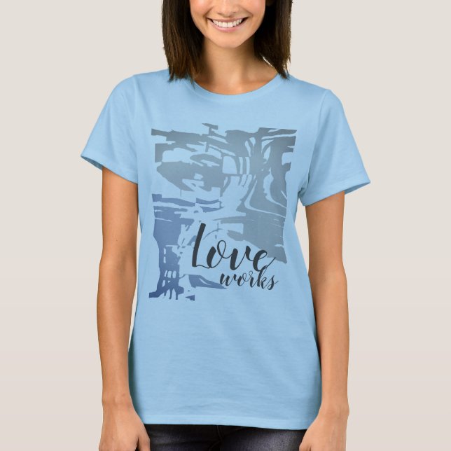 "Love works" Grey Blue Batik-like Island Pattern T T-Shirt (Front)