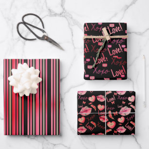 Love Xoxo Heart, lips and stripes pink black Wrapping Paper Sheet