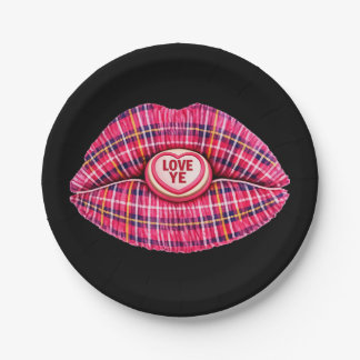 Love Ye Scottish Tartan Kiss Lips Scotland pink Paper Plate
