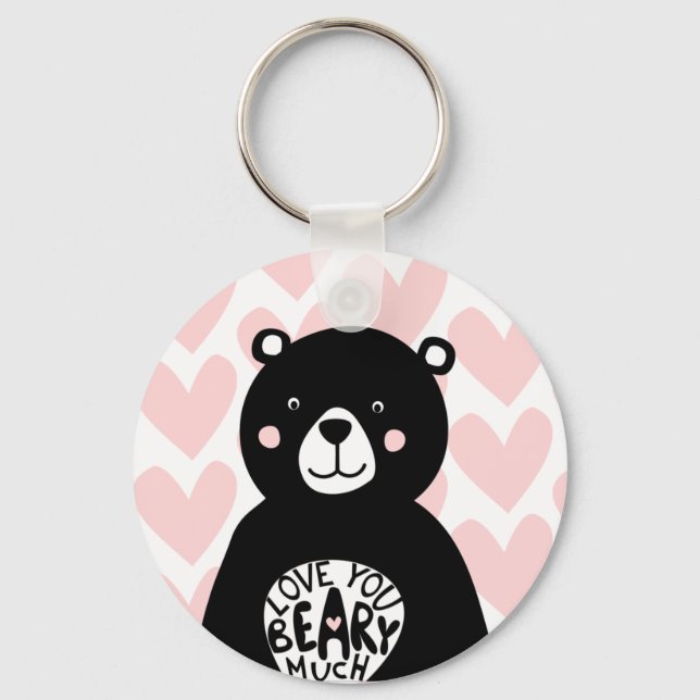 Love you Beary Much Black Bear Pink Heart Quote Key Ring (Front)