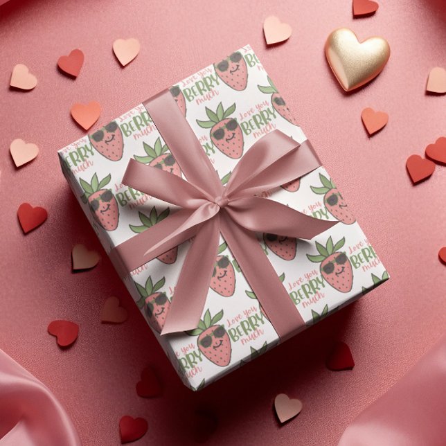 Love You Berry Much Wrapping Paper (Let someone know that you love them, "berry much" with this cute strawberry wrapping paper! )