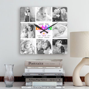 Love You Bubbie Colourful Modern 8 Photo Collage Square Wall Clock