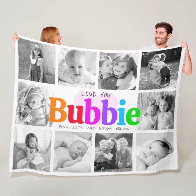 Love You Bubbie Rainbow 10 Photo Collage Modern Fleece Blanket (In Situ)