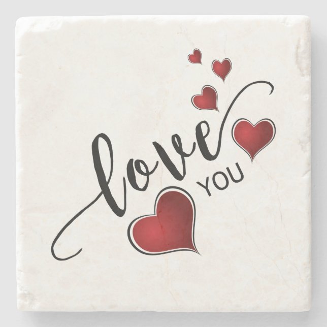 Love You Calligraphy and Hearts Stone Coaster (Front)