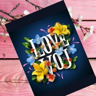 LOVE you card navy blue Valentine card flowers